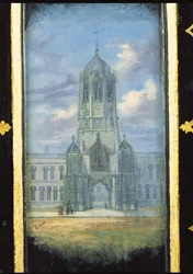 Viktorianisches Nähschrankpanel dekoriert mit einer Szene der Christ Church, Oxford