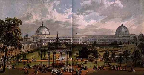 Blick von den Horticultural Gardens auf das Äußere der Großen Ausstellung von 1851, aus Dickinson