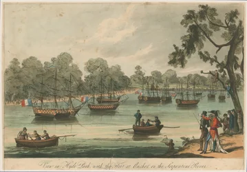 Blick in den Hyde Park mit der Flotte vor Anker auf dem Serpentine River. Naumachia. Frieden von 1814