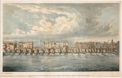 Ansicht der Ostseite der alten London Bridge zur Zeit von Königin Elisabeth I.