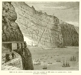 Blick auf St. Helena (Jamestown und die Leiter mit 600 Stufen auf den Ladder Hill; von der Mundens Battery)
