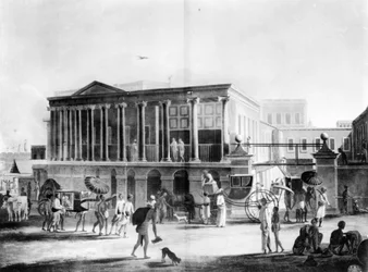 Ansicht eines Hauses, einer Manufaktur und eines Basars in Kalkutta, graviert von Francis Jukes, 1795 (Aquatinta)