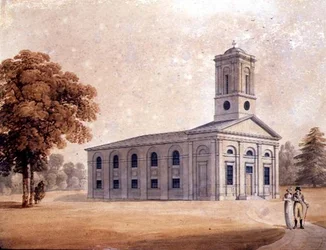 Ansicht einer neoklassizistischen Kirche in einem Park, ca. 1790