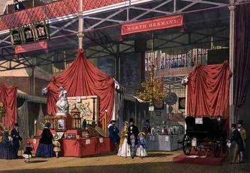 Ansicht des Klier und Sons Musikinstrumentenstands im norddeutschen Bereich der Großen Ausstellung von 1851, aus Dickinsons umfassenden Bildern (Farblithografie)