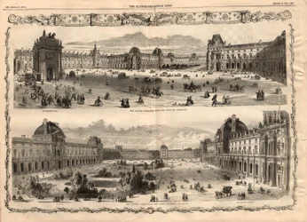 Ansichten des Cour Carrée du Louvre in Paris. Gravur in „The Illustrated London News“ vom 15. August 1857.