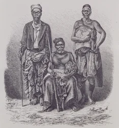 Dorfhäuptling der Loango-Küste, mit Frau und Würdenträger, graviert nach einem Foto von Dr. Falkenstein, aus 