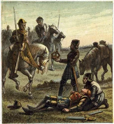 Rosenkriege: Tod von König Richard III. (1452-1485) während der Schlacht von Bosworth Field am 22.08.1485 zwischen Richard III. und Henri, Herzog von Richmond. Letzterer erhielt die Krone des gestürzten Königs und wurde als Heinrich VII. bekannt.