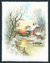 Wassermühle am Fluss, Weihnachtskarte
