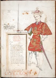 Wilhelm der Eroberer, ein englischer König in Rüstung und Wappenrock, präsentiert eine Tafel mit Versen (Pergament)
