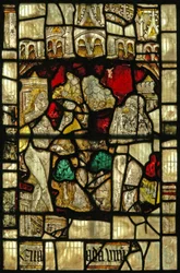 Fenster S2 mit Adam und Eva, die die Frucht nehmen