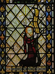 Fenster n2, Quader und eine Umrandung aus Lilien und Löwen um den Stifter darstellend