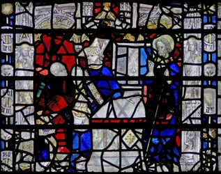 Fenster w6, Szene aus dem Leben von St. Nikolaus; Rand mit Figuren darstellend