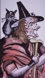 Hexe mit ihrer Katzengefährtin (Holzschnitt)