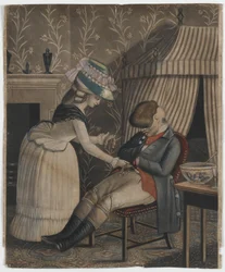 Frau stiehlt eine Strumpftasche und eine Taschenuhr von einem schlafenden Mann, ca. 1790