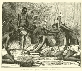 Frauen von Kambala (westlich von Benguela) beim Maisstampfen