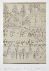 Arbeiter mit Werkzeugen und Seilen zum Bewegen eines geflügelten Stiers, Tafel 17 aus Ninive und seine Überreste von Austen Henry Layard (1817-94) veröffentlicht 1849