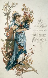 Junges Mädchen in Blau wünscht Ihnen ein frohes Weihnachtsfest und ein glückliches neues Jahr, ca. 1900