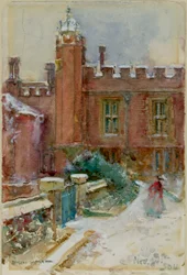 Eine Figur im Schnee am Hampton Court Palace, 24. November 1904
