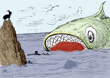 Illustration zu Carlo Collodis Erzählung „Pinocchio“. Ein riesiger Fisch ist im Begriff, Pinocchio zu fressen. Illustration von Enrico Mazzanti (1852-1910) für die Ausgabe von 1883.