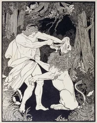 Zeichnung von Samson, der gegen einen Löwen kämpft (Gravur)