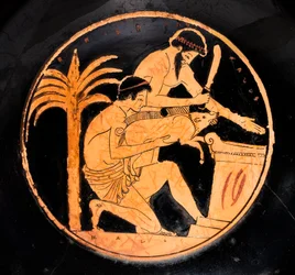 Schale mit schwarzer Glasur und roten Figuren: Szene eines Opfers
