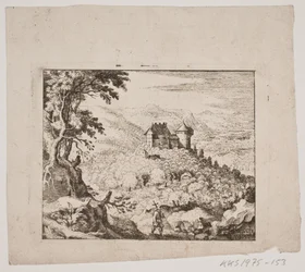 Bergige Landschaft mit einer Burg und einem Wanderer