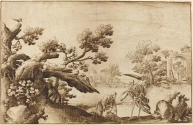 Der Tod und der Holzfäller in einer Küstenlandschaft mit Ruinen
