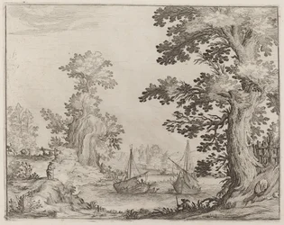 Landschaft und Fluss mit verankerten Schiffen