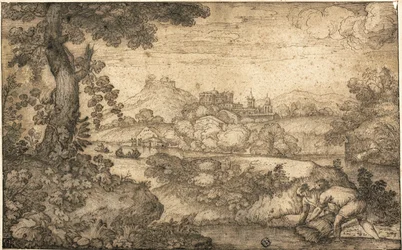Landschaft mit Figuren, die im Vordergrund Weizen binden