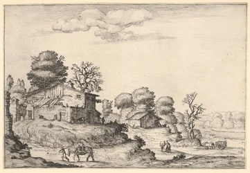 Landschaft mit Bauernhäusern und einem Mann, der ein Pferd im Vordergrund führt, aus einem ..., 1638