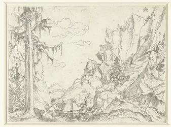 Landschaft mit einem Dorf in felsiger Tal