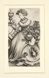 Frau und ein Wappen mit einem Pfau