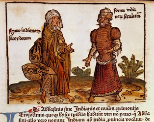 Beschreibung albanischer Kostüme: Ein Priester und ein Laie (Seite aus dem Reisebuch „Peregrinatio in terram sanctam“ nach der Pilgerreise ins Heilige Land von Bernard von Breydenbach)