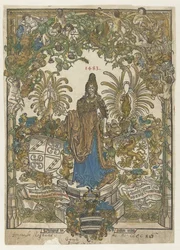 Frontispiz mit Frau auf Sockel mit Wappen von Bernhard von Breydenbach und Johannes Comes