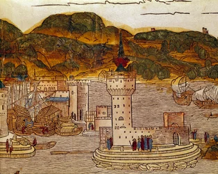 Ansicht des Hafens von Candie (heutiges Heraklion) auf Kreta. Seite aus dem Reisebuch „Peregrinatio in terram sanctam“ nach der Pilgerreise ins Heilige Land von Bernard de Breydenbach (Breidenbach) (1454-1497), illustriert durch Stiche von Erhard Reuwich.