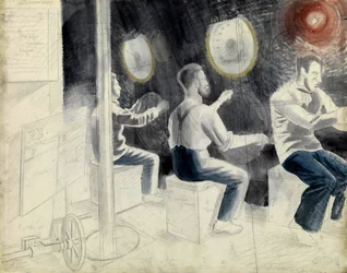 Der Tauchkontrollraum während des Tauchgangs des U-Boots. Bleistiftserie von Eric Ravilious (1903-1942), an Bord eines U-Boots während des Zweiten Weltkriegs (1939-1945)