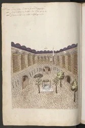 Gebäude in Konstantinopel: Innenhof eines großen Karawansereis mit Bäumen, einem Brunnen und Seiteneingängen zu den Ställen