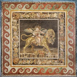 Dionysos als Kind, auf dem Rücken eines Tigers, ein Kranz mit Blättern und Theatermasken