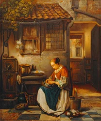 Frau, die Geflügel in einem Hof rupft
