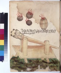 Ganzseitig: Kanone, Kanonenkugeln und Pulverfass, mit Inschrift, um 1430 (farbige Federzeichnung)