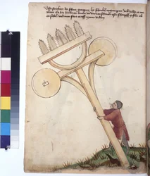 Ganzseitig: Streitwagen mit Sägeblättern vorne, um 1430 (farbige Federzeichnung)