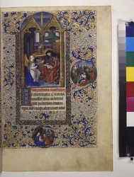 Ganzseitig: gerahmte Miniatur, mit Text und Tempera-Initiale darunter