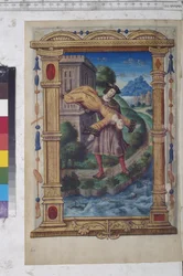 Vollseite: Miniatur in einem architektonischen Rahmen: Ein Jüngling wirft eine Frau ins Meer, um 1504-1507