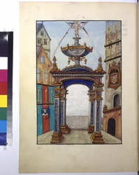 Ganzseitig: Miniatur: Triumphbogen mit dem Bild des Kaisers, Wappen, um 1515