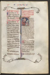 Ganzseitig: Text und historiierte Initiale: links sitzt der Kommentator Constantinus Africanus von Montecassino