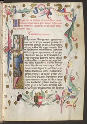 Vollseite: Text, Initiale und Ranken mit den Wappen von Friedrich III unten