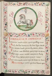 Vollseite: Text mit figürlichem Medaillon und dekorativem Rahmen
