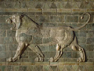 Löwe, farbig glasierte Fliesen, aus dem Palast in Susa, Iran