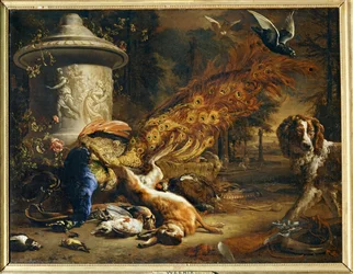 Stillleben mit Pfau und Hund