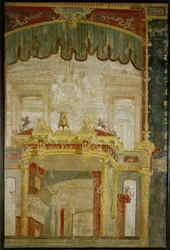 Szenografische Wanddekoration mit fantastischer Architektur und Vorhang, eine römische Erfindung